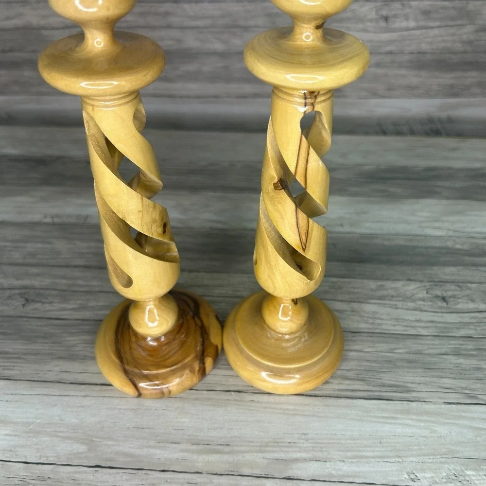 Bethlehem Candle Stick Holders Hand Carved Olive Wood‎ Spiral Pair 2 Set Israel
